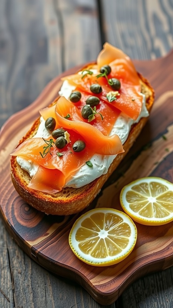 Open-faced New York Revlon toast with cream cheese, smoked salmon, capers, and herbs on a wooden board.